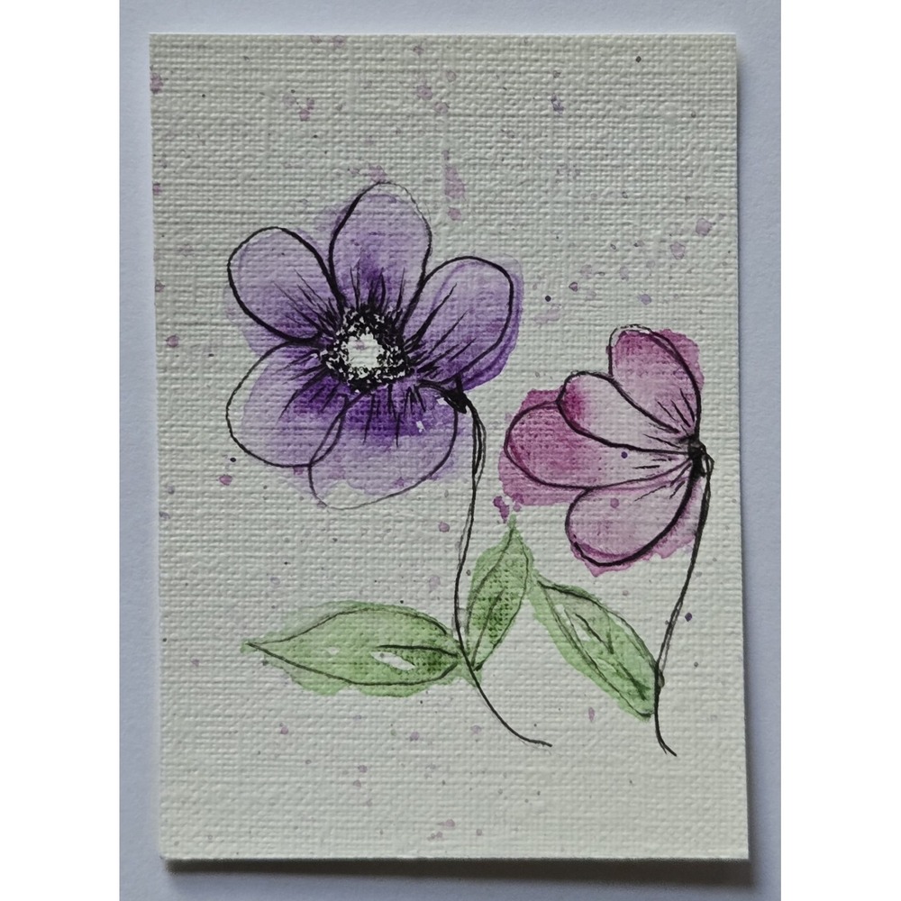 ACEO Original Art Pink Purple Flowers Ink & Watercolor Painting on Paper